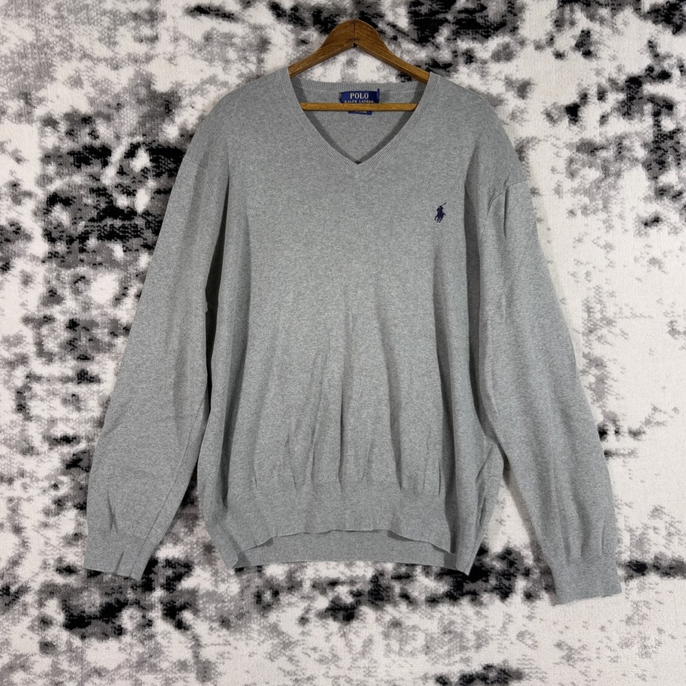 Polo Ralph Lauren Sweater Mens Size Extra Large Gray Pima‎ Cotton V-Neck Preppy